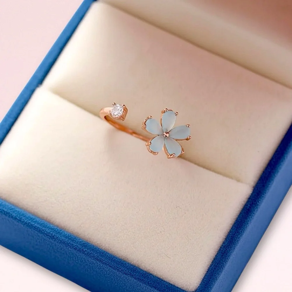 Korean Style Blue CZ Flower Rose Gold Ring with Adjustable Band